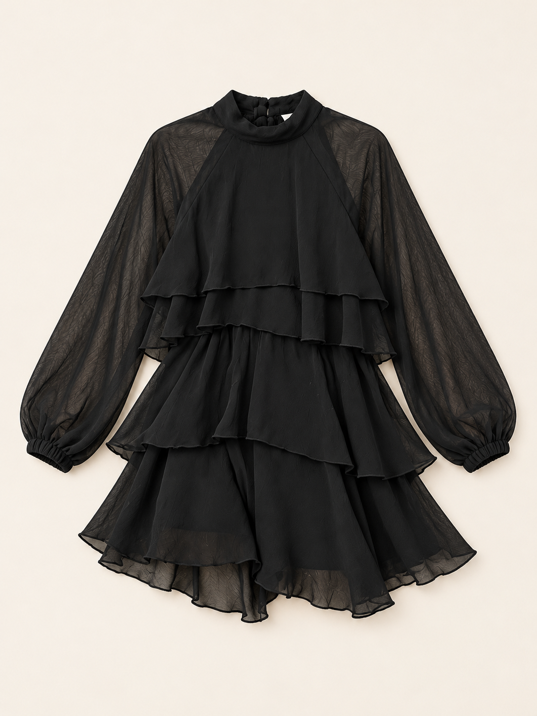 Robe Sélénia noire à volants, photo à plat
