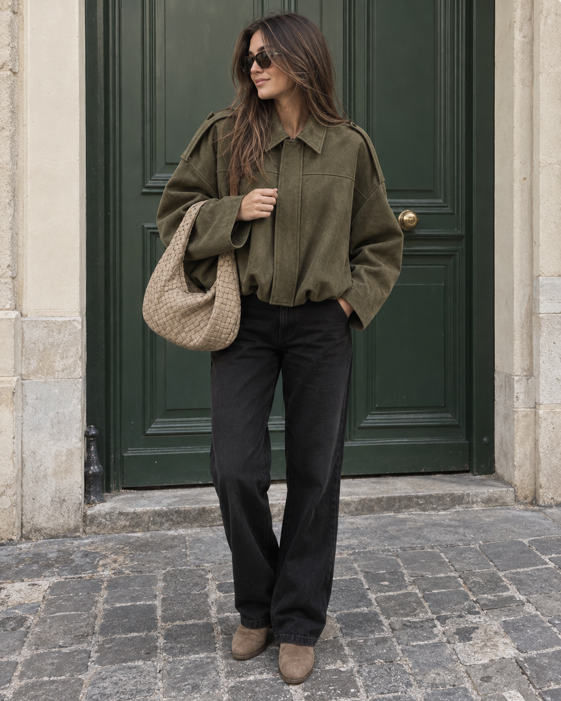 Veste bomber effet daim kaki – vue portée face