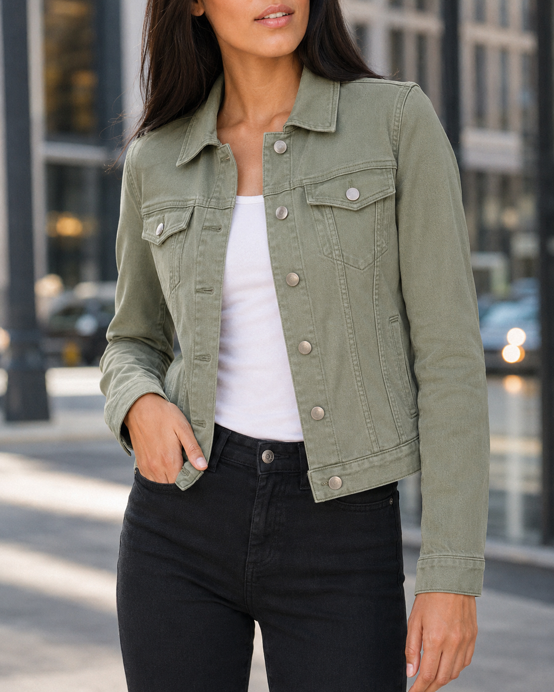 Veste Janelle kaki clair - vue de face portée avec jean noir