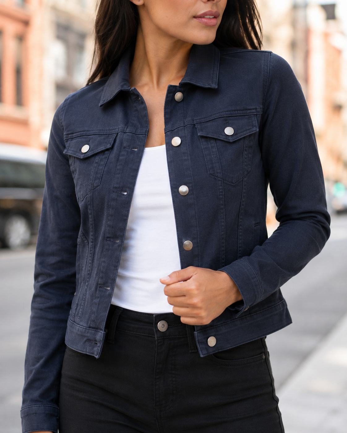 Veste Janelle bleu marine - détail coupe et boutons