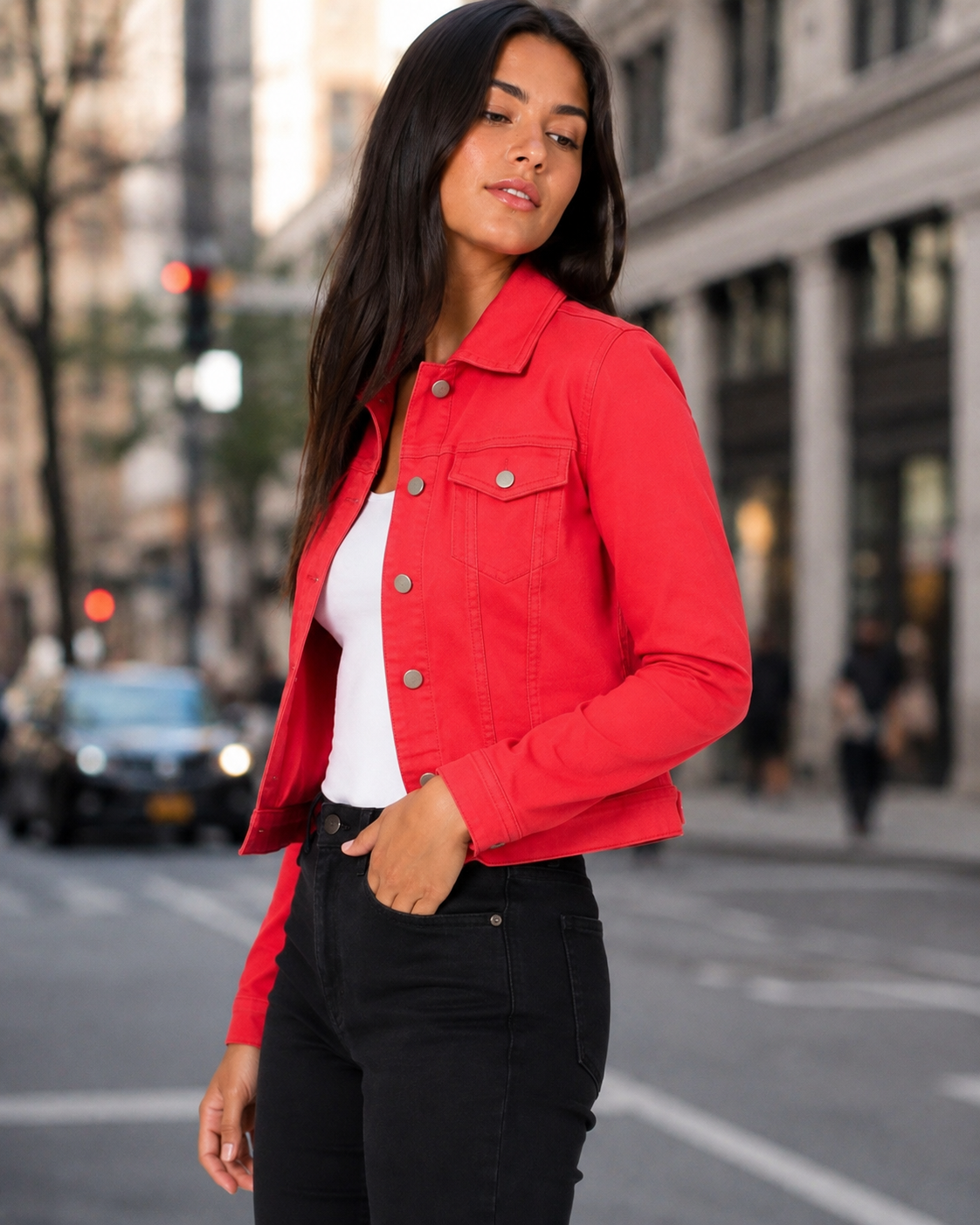 Veste Janelle rouge - vue de profil portée avec jean noir
