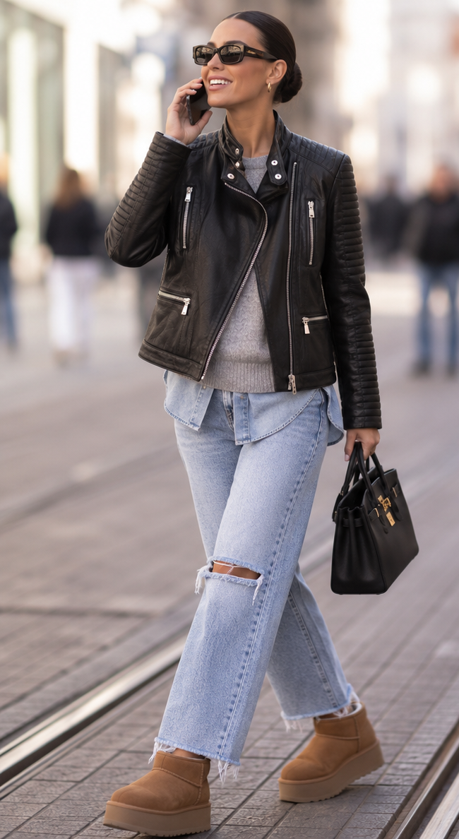 Veste LEATY perfecto noir portée en ville