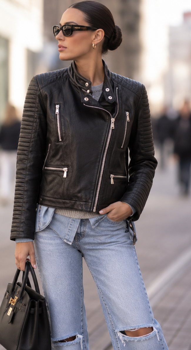 Veste LEATY perfecto noir portée vue trois-quarts