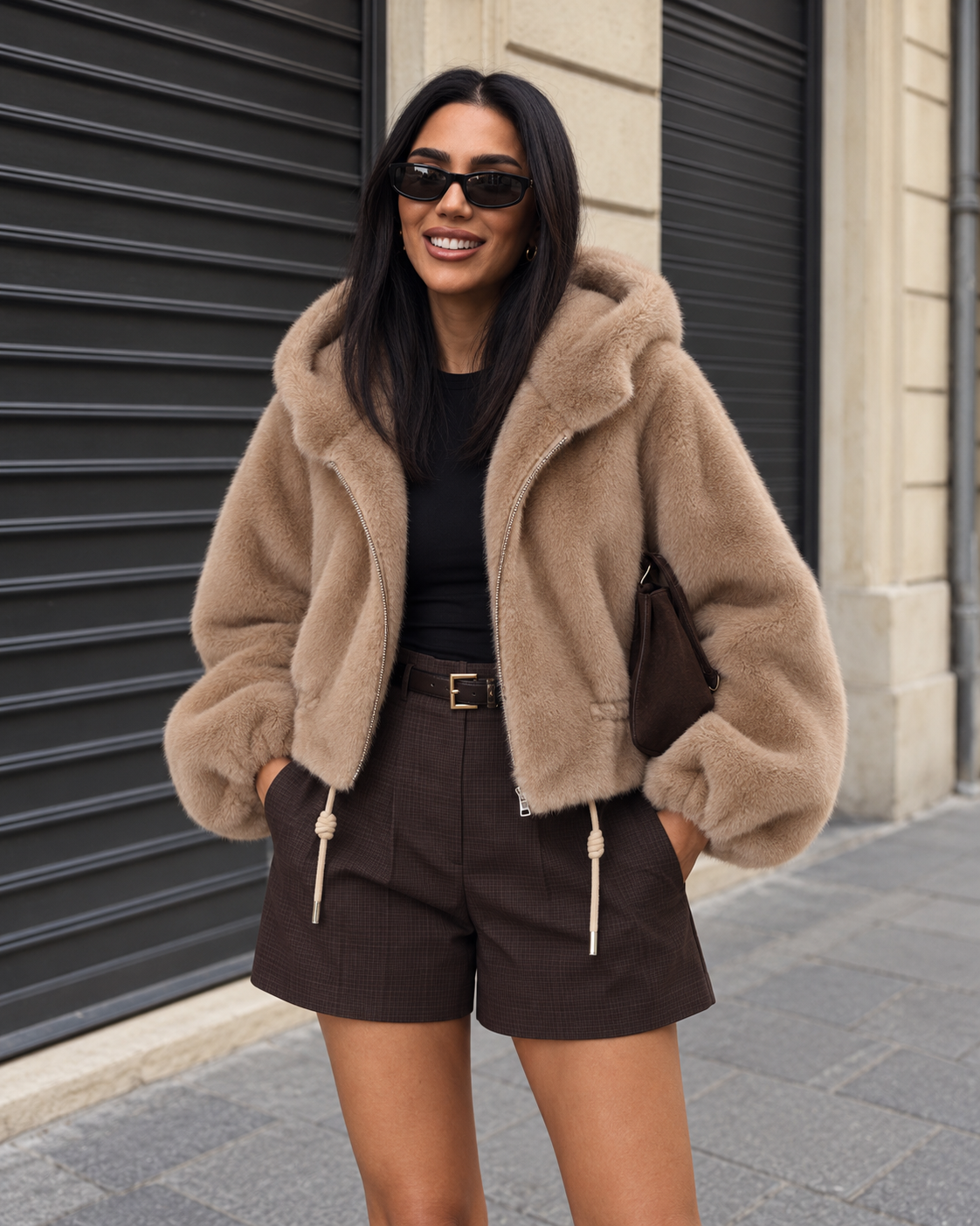 Veste fausse fourrure Marsha taupe – vue de face portée